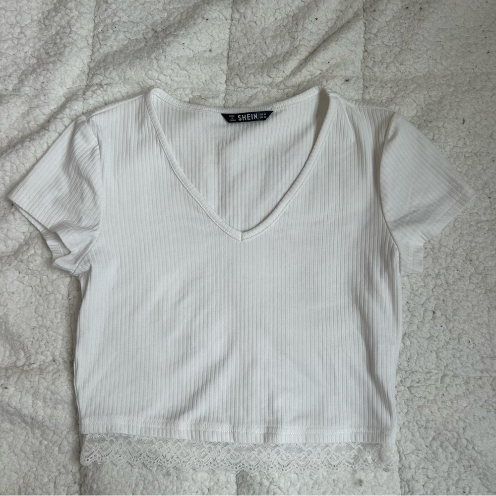 SHEIN White Ribbed Crop T-Shirt with Lace